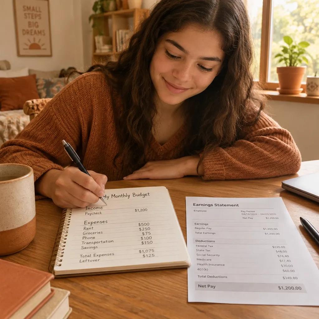 Your learner building a personal budget and reviewing an earnings statement at a warm kitchen table.
