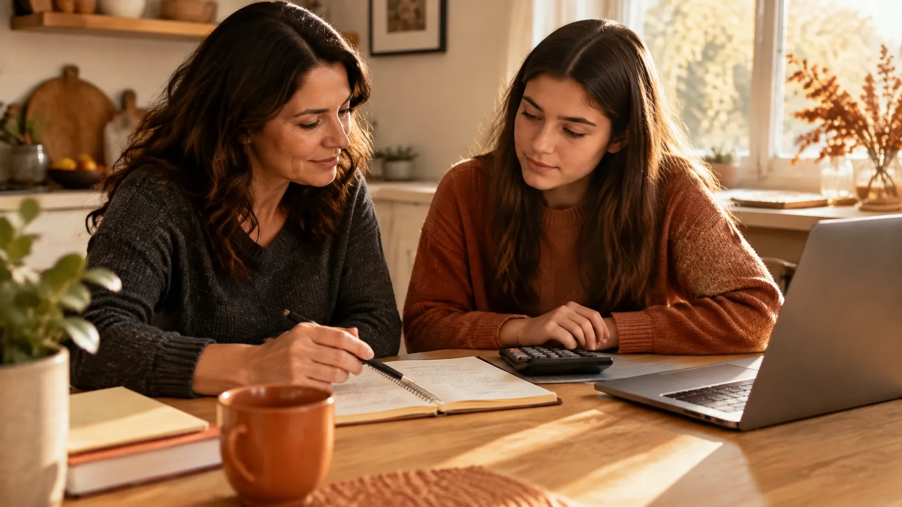 A parent and their learner planning a budget together at a sunlit table.